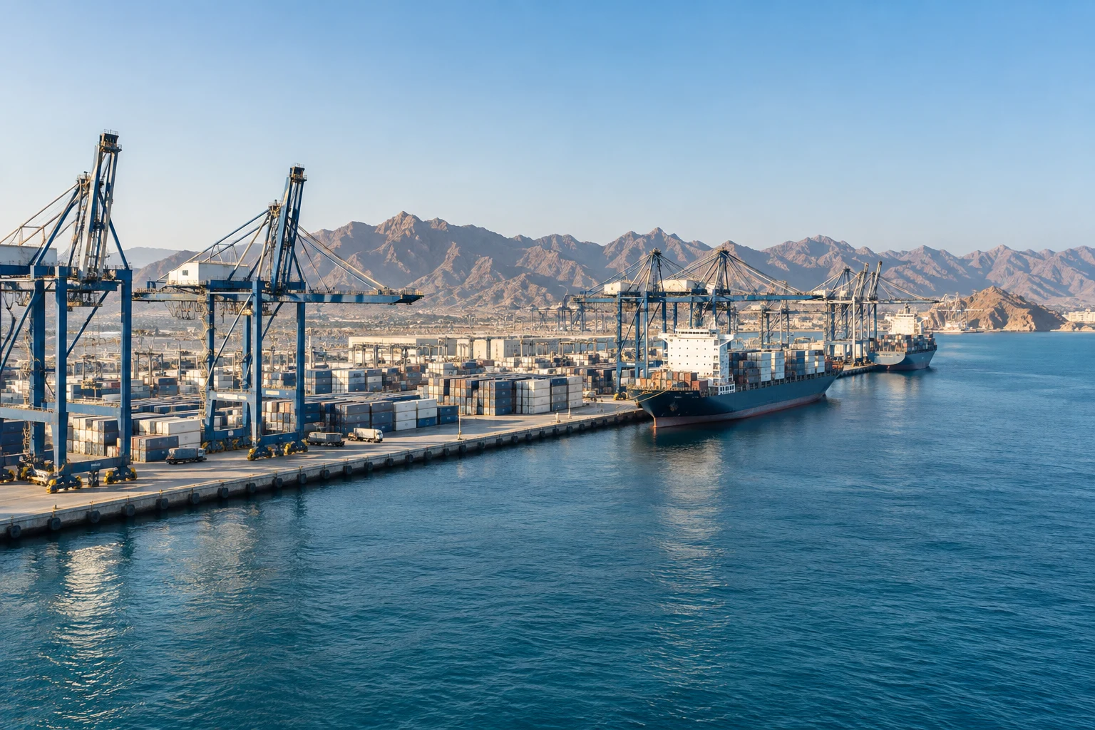 Illustrative view of a coastal container port with cranes and cargo ships